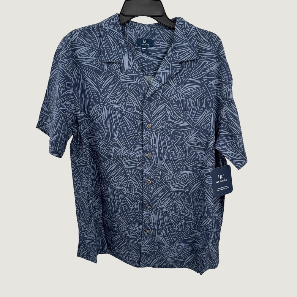 George Men Shirt L Blue Tropical Palm Leaf Linen Blend Vacation Coastal Resort